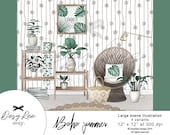Boho style Scene Room illustration Watercolor clipart Digital bohemian wicker chair Summer Commercial use Hand painted Sticker graphics diy