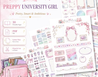 Preppy University Girl Printable Ephemera Kit, Girly Sticker Sheet & Washi Tape, Pastel Junk Journal Folio kit Bundle for Campus Life