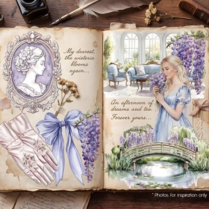 May include: An open book with vintage illustrations. One page features a portrait in a purple frame, gloves, and a blue bow. The other page shows a woman in a blue dress holding wisteria, with text that reads "An afternoon of dreams and tea."