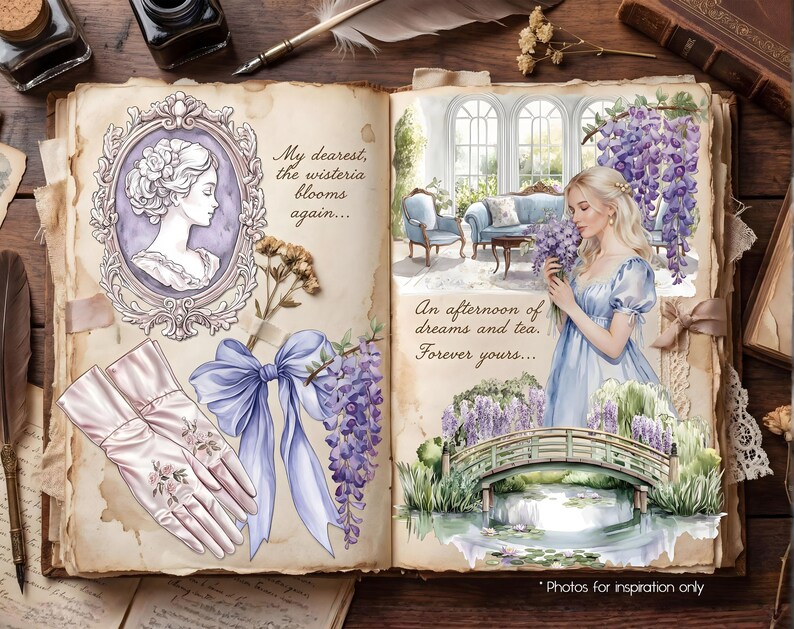 May include: An open book with vintage illustrations. One page features a portrait in a purple frame, gloves, and a blue bow. The other page shows a woman in a blue dress holding wisteria, with text that reads "An afternoon of dreams and tea."