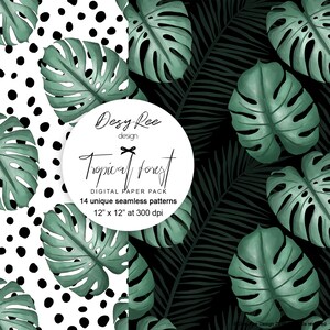 May include: Digital paper pack featuring 14 unique seamless patterns. The patterns include tropical leaves in shades of green against black and white backgrounds. The pack is 12" x 12" at 300 dpi. The text reads "Tropical Forest".