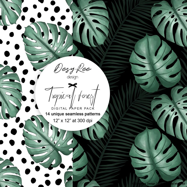 May include: Digital paper pack featuring 14 unique seamless patterns. The patterns include tropical leaves in shades of green against black and white backgrounds. The pack is 12" x 12" at 300 dpi. The text reads "Tropical Forest".