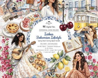 Lisbon Bohemian Lifestyle, Spring Urban Evening Clipart Bundle, Watercolor European Summer Illustrations, Planner Stickers Commercial Use