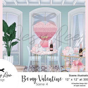 Be My Valentine- Scene 4 - Valentine's Day - Paris Scene Illustration - Eiffel Tower - Romantic Breakfast Background - Couple - Girly Blog