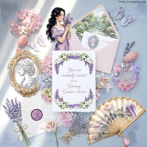 May include: An artistic arrangement featuring a woman in a purple dress, lavender, and floral elements. The scene includes an invitation with the text "You are cordially invited to a Giverny Garden Soir&eacute;e," a framed portrait, and a decorative fan.