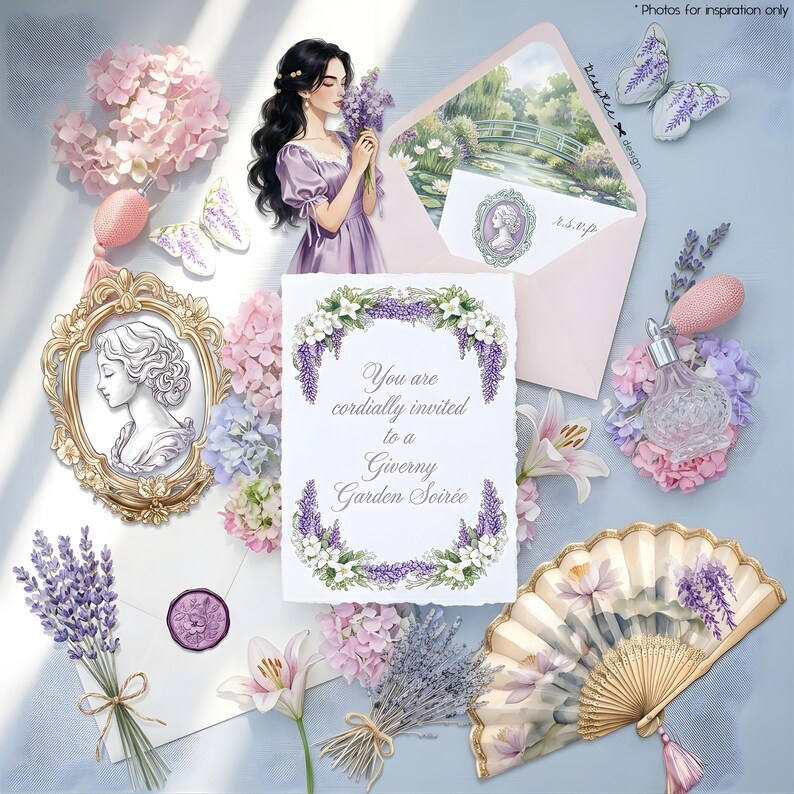 May include: An artistic arrangement featuring a woman in a purple dress, lavender, and floral elements. The scene includes an invitation with the text "You are cordially invited to a Giverny Garden Soir&eacute;e," a framed portrait, and a decorative fan.