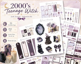 Witchy Junk Journal Kit, Halloween Ephemera Printable, Black Cat Spellbook Planner Pages, PDF Folio Kit Digital Download