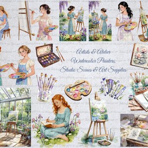 May include: Watercolor illustrations featuring artists, studio scenes, and art supplies. The images showcase women painting at easels, palettes, paint tubes, and sketchbooks. The text reads "Artists & Atelier Watercolor Painters, Studio Scenes & Art Supplies."