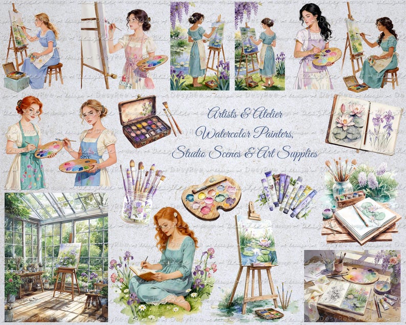 May include: Watercolor illustrations featuring artists, studio scenes, and art supplies. The images showcase women painting at easels, palettes, paint tubes, and sketchbooks. The text reads "Artists & Atelier Watercolor Painters, Studio Scenes & Art Supplies."