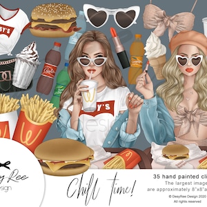 Chill Time - Aquarelle Retro Fast Food Clipart set Spring Stickers Cliparts Fashion Planner Girl Stickers Glitter Rose Gold Diy Teal Orange