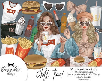 May include: Digital illustration featuring fast food items like burgers, fries, and drinks, alongside two women wearing sunglasses. The image includes a white t-shirt with the text "DESY'S" and the words "Chill time!"