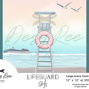 Bagnino Ragazze - Estate Beach Scene Illustrazione Rescue Woman - Acquerello Seascape Illustrazioni Planner Stickers Sfondo Grafica fai da te