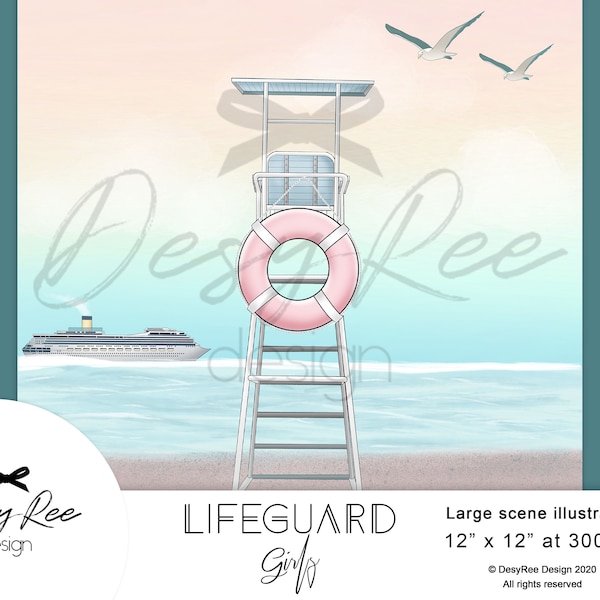Lifeguard Girls - Summer Beach Scene Illustration Rescue Woman - Watercolor Seascape Illustrations Planner Stickers Background Graphics DIY