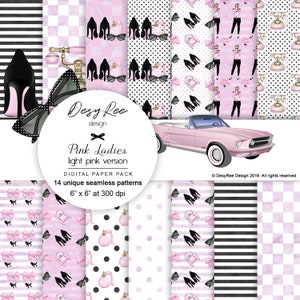May include: A digital paper pack titled "Pink Ladies" with 14 unique seamless patterns. The patterns feature high heels, perfume bottles, sunglasses, and a pink convertible car. The pack is 6" x 6" at 300 dpi, with a light pink color scheme.