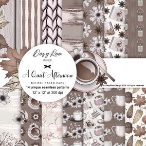 May include: Digital paper pack featuring 14 unique seamless patterns. The designs include floral, knitted, and wood grain textures in shades of brown, beige, and white. The image includes the text "A Quiet Afternoon" and states the paper is 12" x 12" at 300 dpi.