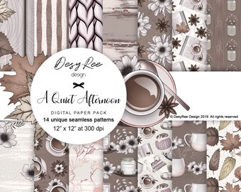 A Quiet Afternoon Cosy Fall Coffee Digital Paper Planner Stationery Scrapbook Watercolor Background Seamless Surface Pattern Stickers Fabric