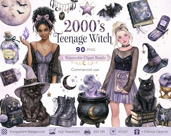 Watercolor Halloween Clipart Bundle, Teenage Witch PNG, Y2K Witchy Aesthetic, Black Cat Potion Spellbook, Commercial use PNG