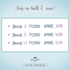 May include: A light blue background with a white frame containing text that reads "Buy in bulk & save!". The text details savings of 30%, 40%, and 50% when purchasing multiple items. The Etsy shop name is also displayed.