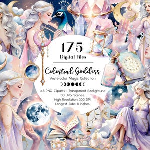Pode incluir: Uma coleção de arte digital intitulada "Celestial Goddess" com ilustrações em aquarela. A imagem mostra figuras etéreas, luas, cristais e elementos celestes. O lado mais longo das imagens é de 20,32 cm.