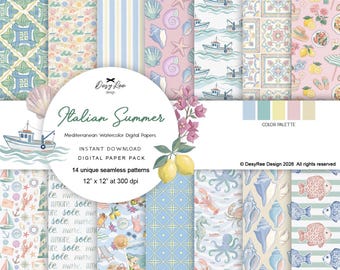 Italian Summer Digital Papers, Mediterranean Watercolor Sea Life Scrapbook, Nautical Coastal Seamless Patterns, Junk Journal Commercial use