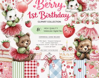 Strawberry First Birthday Clipart Digital Papers Bundle, Berry 1st Birthday PNG, Baby Shower Watercolor, Bear Bunny Party, Commercial Use