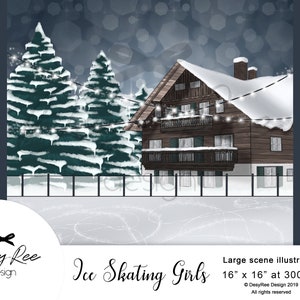 Winter Snowy Ice Skating Track Scene Illustration Planner Sticker Graphics Commercial use Girl Skaters Wood House Christmas pines Snowflakes