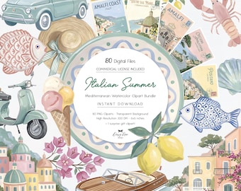 Italian Coastal Clipart PNG Bundle, Amalfi Coast Beach Watercolor, Mediterranean Sea Life Stickers, Vintage Italy Travel Journal Download