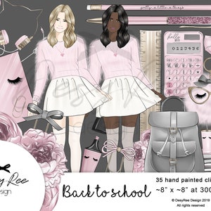 Terug naar school clipart Schoolmeisje Office cliparts Stickers Planner Fashion Girl Illustratie Aquarel Digitale kit Commercieel gebruik Graphics