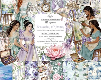 Regency Inspired Romantic Clipart and Digital Papers Bundle,  Watercolor Victorian era Art, Bridal invitation