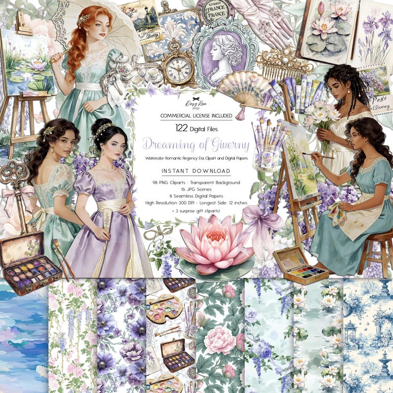 May include: Digital art bundle titled "Dreaming of Giverny" featuring watercolor illustrations of women in Regency era dresses, floral patterns, and painting scenes. Includes clip art, digital papers, and scenes. The image has the text "Commercial License Included".