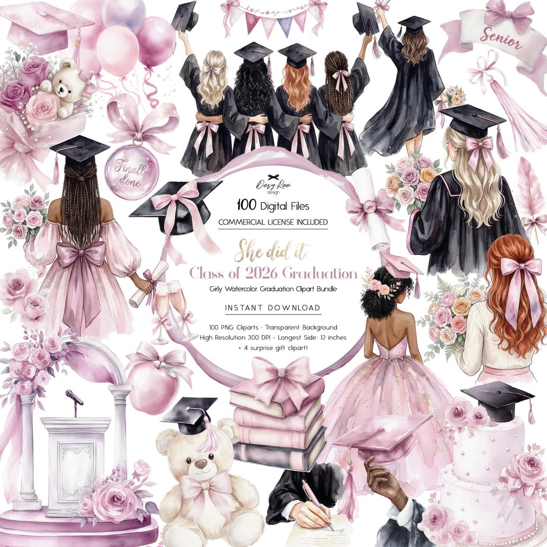 Watercolor Graduation Clipart Bundle PNG, Coquette Pink Grad Girl ...