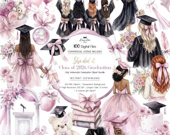 May include: A digital clipart bundle featuring watercolor illustrations with a graduation theme. The images include graduates in caps and gowns, graduation caps, floral arrangements, balloons, and a teddy bear. The color palette is primarily pink and black.