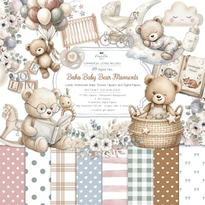 Op de afbeelding: Digitale aquarel illustratie met babyberen, ballonnen en elementen voor de kinderkamer. Bevat een slapende beer op een maan, een beer die een boek leest en een beer in een mand. De afbeelding bevat ook baby-thema patronen en de tekst "Boho Baby Bear Moments".