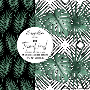 May include: Digital paper pack featuring 14 unique seamless patterns. The designs include tropical leaves in shades of green against black and white backgrounds. The text reads "Tropical Forest" and "12" x 12" at 300 dpi."