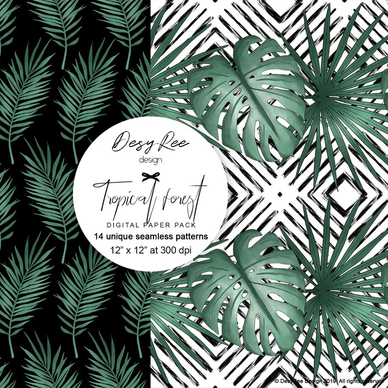 May include: Digital paper pack featuring 14 unique seamless patterns. The designs include tropical leaves in shades of green against black and white backgrounds. The text reads "Tropical Forest" and "12" x 12" at 300 dpi."