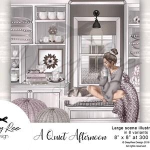 Puede incluir: Ilustración de una escena acogedora con una mujer sentada junto a una ventana, sosteniendo una taza. Un gato descansa cerca. La imagen incluye una estantería con libros, velas y objetos decorativos. El texto dice "A Quiet Afternoon."
