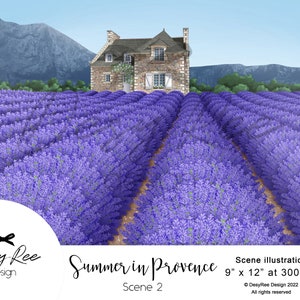 Sommer in der Provence - Motiv 2 - Lavendelfeld Französisches Cottage - Blumengarten - Rostiges Bauernhaus - Romantischer Hintergrund - Landschaftsgrafik