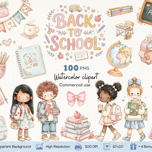 Könnte beinhalten: Eine Sammlung von Aquarell-Cliparts zum Thema Schule mit Kindern mit Rucksäcken, Büchern, einem Globus, einer Tafel mit ABC-Text, einem Taschenrechner, einem Apfel, einem Federmäppchen und Wimpeln. Der zentrale Text lautet BACK TO SCHOOL 100 PNG.