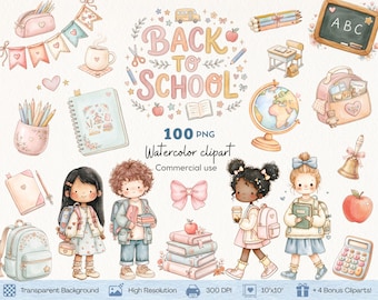 Watercolor Back to School PNG, Cute Whimsical Classroom Clipart, Soft Pastel School Supplies Digital Bundle