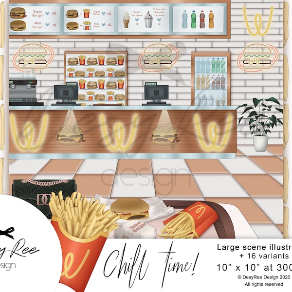 Chill Time - Fast Food Retro Style Scene Illustration - Diner Restaurant - American African Different Skin tones Planner Stickers Graphics