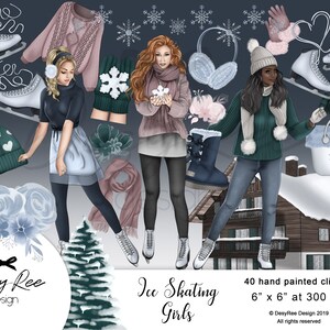 Ice Skating Girls ClipArt Set - Aquarelle Clip Arts - Snowy Winter Fashion Illustration Snowflakes Boots Bag Hat Sweater Utilisation commerciale diy