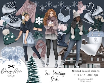 May include: Digital illustration featuring winter-themed elements. Includes figures in winter attire, ice skates, snowflakes, and accessories. The text "Ice Skating Girls" is displayed. The image is 6" x 6" at 300 dpi.