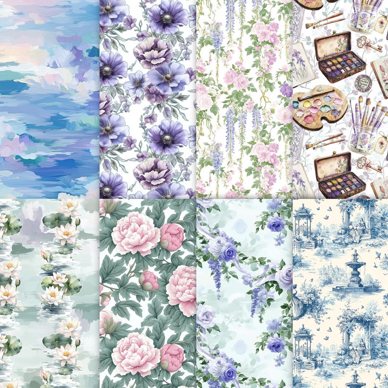 May include: A collection of watercolor floral and landscape patterns. Designs include blue skies, purple anemones, pink wisteria, lily pads, peonies, and a blue and white toile scene. The patterns are suitable for various craft projects.