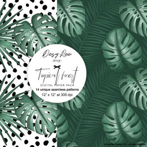 May include: Digital paper pack featuring 14 unique seamless patterns. The designs include tropical leaves, palm fronds, and a black and white polka dot pattern. The text on the image reads "Tropical Forest" and "12" x 12" at 300 dpi."