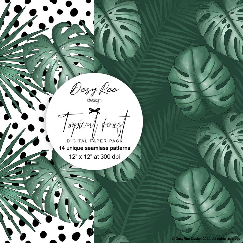 May include: Digital paper pack featuring 14 unique seamless patterns. The designs include tropical leaves, palm fronds, and a black and white polka dot pattern. The text on the image reads "Tropical Forest" and "12" x 12" at 300 dpi."