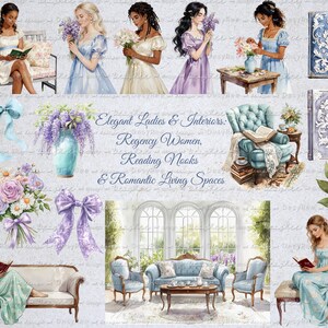 May include: Watercolor illustration featuring elegant ladies, reading nooks, and romantic living spaces. The image includes women in Regency-era dresses, bouquets, books, furniture, and decorative elements in soft pastel colors. Text reads "Elegant Ladies & Interiors: Regency Women, Reading Nooks & Romantic Living Spaces."