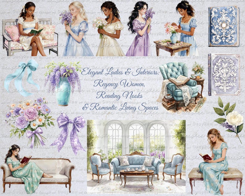 May include: Watercolor illustration featuring elegant ladies, reading nooks, and romantic living spaces. The image includes women in Regency-era dresses, bouquets, books, furniture, and decorative elements in soft pastel colors. Text reads "Elegant Ladies & Interiors: Regency Women, Reading Nooks & Romantic Living Spaces."