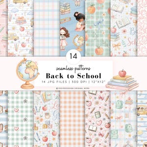 Peut inclure: Une collection de 14 motifs numériques sans couture sur le thème de la rentrée scolaire avec des illustrations à l'aquarelle de pommes, livres, bus scolaires, globes, crayons et enfants sur des fonds à carreaux, rayés et quadrillés pastel.