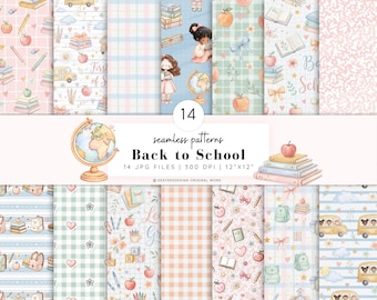 Watercolor School Paper Pack, Pastel Seamless Patterns for Kindergarten Decor, Commercial Use Scrapbook Journal