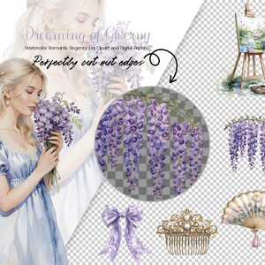 May include: Watercolor digital art featuring a woman in a blue dress holding purple wisteria. Additional elements include a bow, a comb, a fan, and an easel with a painting. Text reads "Dreaming of Giverny" and "Perfectly cut out edges."
